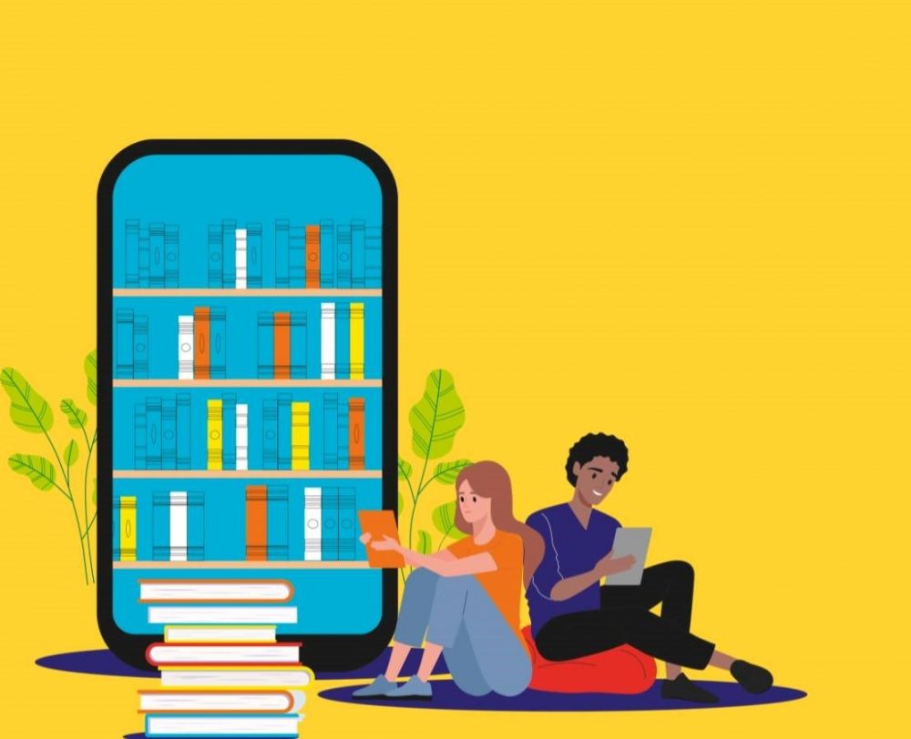 An illustration of two people sitting on the floor reading, with a large bookshelf behind them. The bookshelf is in the outline shape of a mobile phone. A pile of books is in the foreground. 