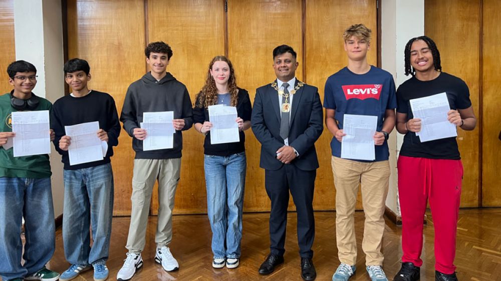 Winchmore School students with their results and the Mayor of Enfield