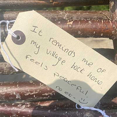 Label written by members of the North London Ukrainian Hub reflecting on the significance of the vineyard. Photo credit: Derek Grant 