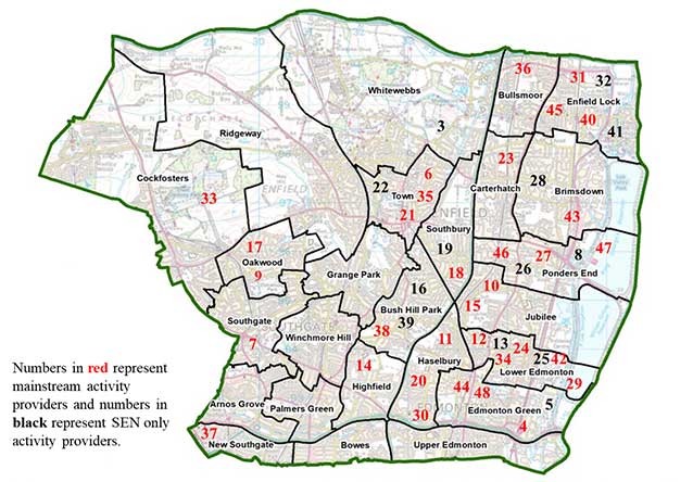 Map of Enfield showing HAF providers