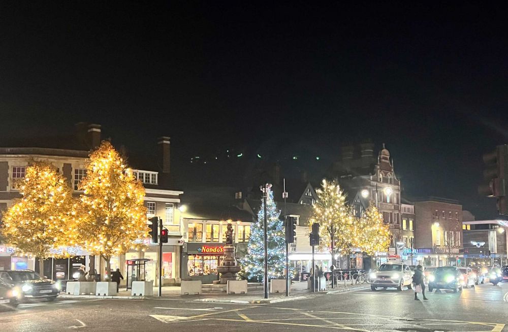 Christmas lights in Enfield Town landscape