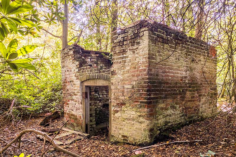 Ruins of a small brick building in woods